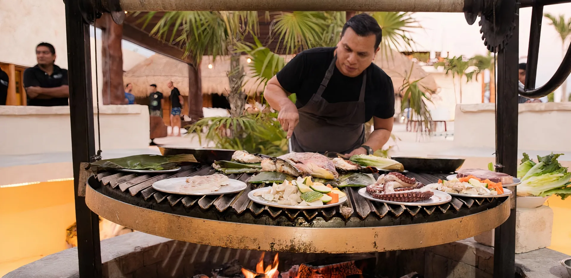 a man preparing food on top of a grill, a stock photo by Juan Villafuerte, featured on pexels, dau-al-set, photo taken with ektachrome, photo taken with nikon d750, depth of field